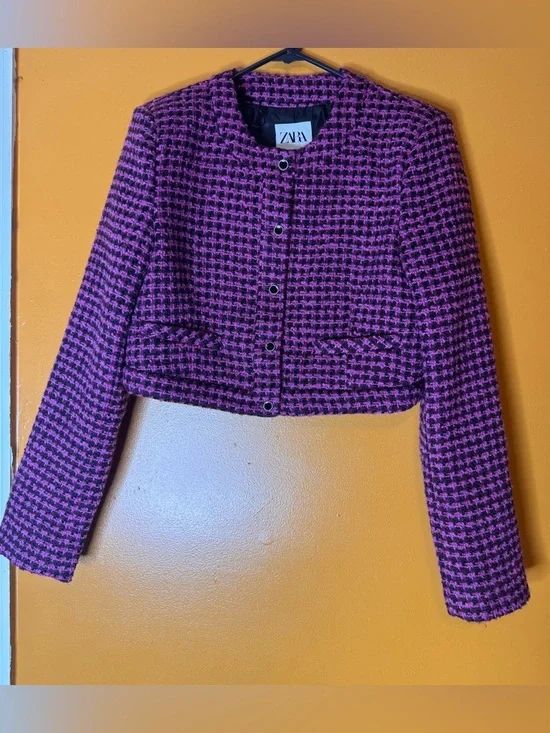 NWT ZARA Pink Houndstooth Cropped Fitted Tweed Jacket/ Blazer. Size M - Picture 12 of 14